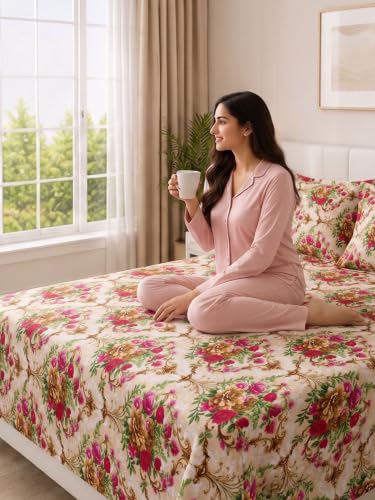 Image of Mafatlal 130 GSM Pearl Contemporary Double Bedsheet with 2 Pillow Covers | 90 x 100 Inches | Premium Printed Bedding | Smooth Hand Feel, Strong Stitching, Fade Guard, Easy Care Fabric | Beige-Pink