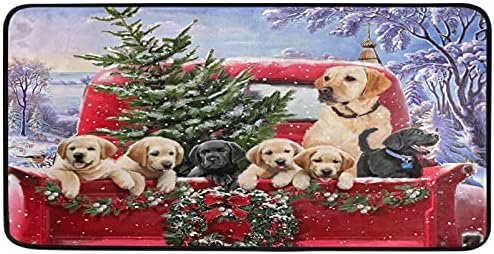 Christmas Red Truck Dog Kitchen Rugs Winter Snowflake Xmas Tree Bath Rug Indoor Outdoor Doormat Runner Comfort Mat Non-Slip Carpet for Bathroom 39" X 20"