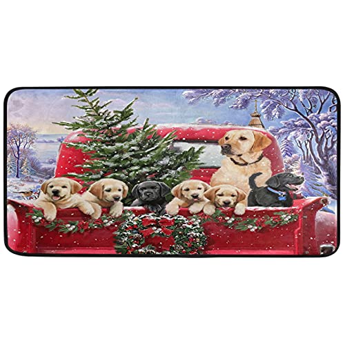 Christmas Red Truck Dog Kitchen Rugs Winter Snowflake Xmas Tree Bath Rug Indoor Outdoor Doormat Runner Comfort Mat Non-Slip Carpet For Bathroom 39" X 20" #TOP1