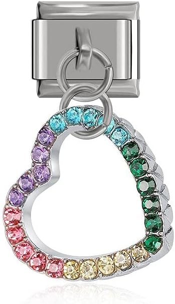 Heart Coloured Rhinestone Dangle Charm fits all classic 9mm Italian Style Charm Bracelet - UK stock