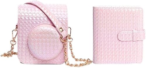 For FUJIFILM instax mini 12 Colorful Woven Leather Case Full Body Camera Bag + Photo Album with Strap (Pink)