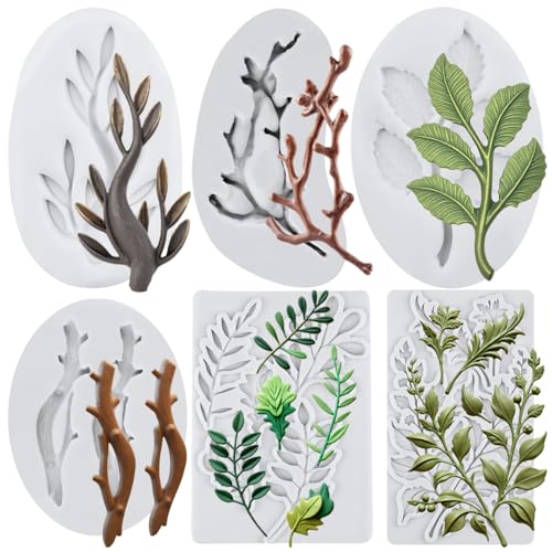 FCKEMLDS Tree Branch Silicone Molds Tree Twigs Leaves Fondant Mold Set of 6