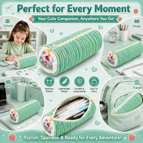 Image of Green Strawberry Cake Pencil Pouch for School Girls, Large Capacity Cute Pencil Case, Stationery Organizer | Spacious Storage | Lightweight | Multi-Use | Aesthetic | College Ready