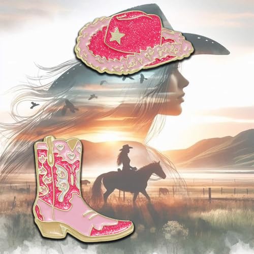 2Pcs Personalized Hot Girl Cartoon Cowboy Girl Brooch High-end Enamel Badge Metal Backpack Badge Pink Cowboy Hat, Retro Boots Style Design, Versatile Clothing Hat Embellishment, Holiday Gift Selection, Best Friend's Gift4
