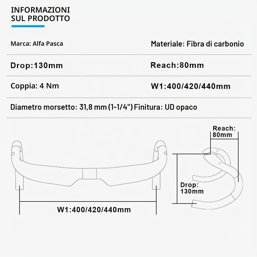 Manubrio Alfa Pasca manubri per bici da corsa carbonio manubrio 31.8 bici corsa nero UD opaca 440mm