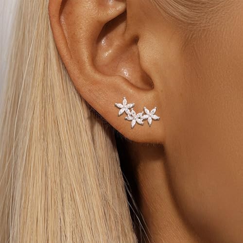 XAYAH Dainty 925 Sterling Silver Cz Flowers Ear Crawler Stud Earrings for Women Small Trend Crystal Flower Cuff Wedding Earrings for Bride Mom White Cubic Zirconia Christmas Birthday Jewelry Gifts3