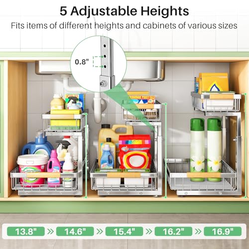 Image of Kitstorack Under Sink Organizer, 2 Tier Under the Sink Storage, Slide out Pull out Cabinet Organizer Shelf, Metal Sliding Drawer for Kitchen Bathroom Pantry Closet Organization Rack, Silver, 1 Pack