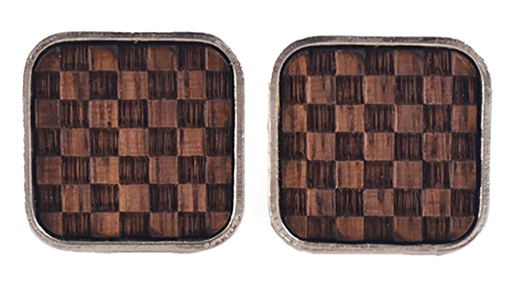Mens Rounded Square Black Walnut Wood Carved Plaid French Cufflinks,16 * 16mm,2pcs Pack