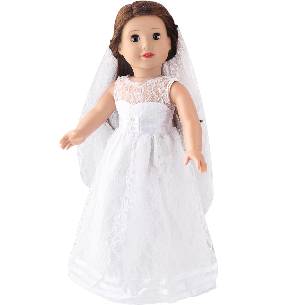 DUORUIMI Doll Clothes White Wedding Long Lace Dress for American Girl Doll 18 inch with Wedding Veil, 18-inch - Image 2