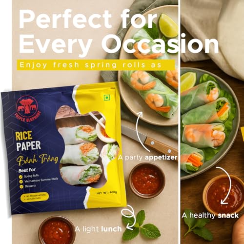 Image of Triple Elephant Rice Paper Banh Trang - 400g | Authentic Vietnamese Spring Roll Wrapper for Fresh Rolls, Pho, and More