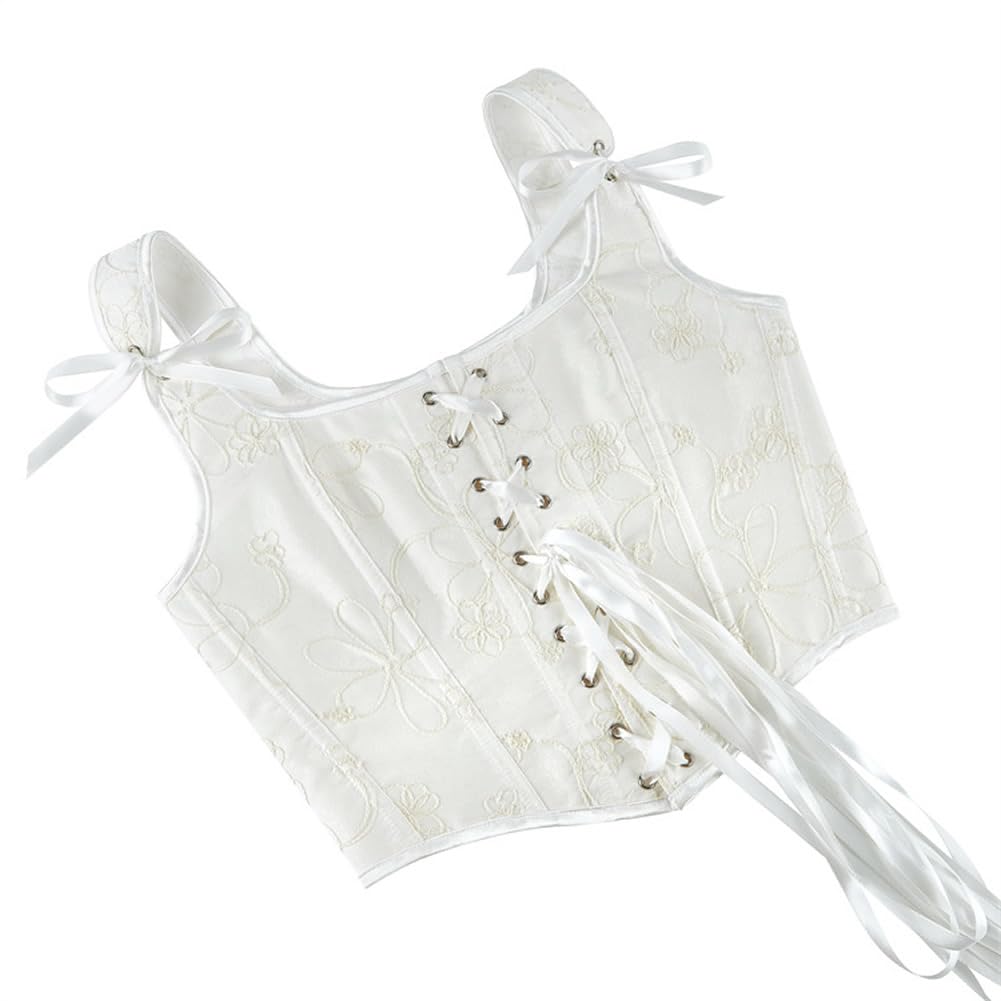 DISSA Corset Bustier à Laçage Frontal et Armature | Motif floral brodé, bretelles larges à nœuds, laçage frontal, armatures verticales, fermeture crochet