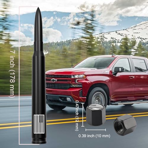 Image of Car Truck Bullet Antenna with Tire Valve Caps American Flag Universal Short Replacement for GMC Sierra Chevy Silverado Dodge Ram 1500 2500 3500 Ford F150 F250 F350 Super Duty Raptor, Matte Black, 7 inch