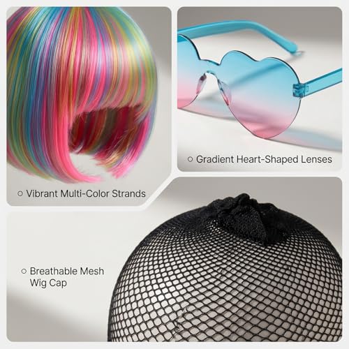 Image of Rainbow Wig, Colorful Wigs Set with Heart Sunglasses Hair Cap, Short Wigs for Women, Bachelorette, Cosplay and Halloween Costume, Fashion Rainbow Wigs for Daily Use and Special Events (Colorful)