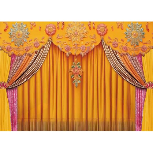 Image of Indian Backdrop 8x6ft India Pooja Marigold Yellow Curtain Photography Background for Wedding Diwali Traditional Festival Party Decorations