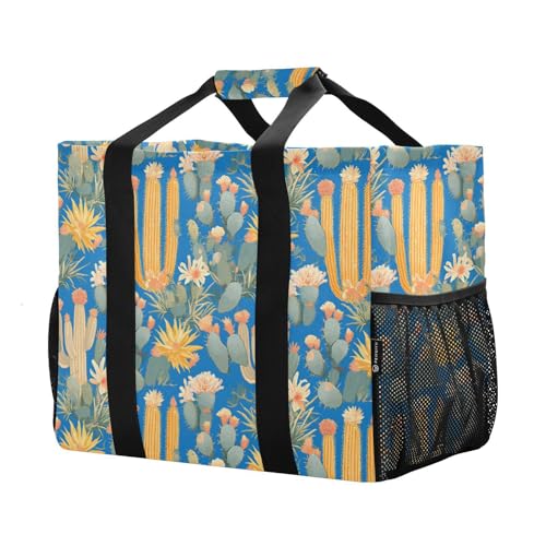 linqin Green Cactus Blue Utility Totes with Handles Foldable Reusable Bags for Groceries Sandproof for Carrier2