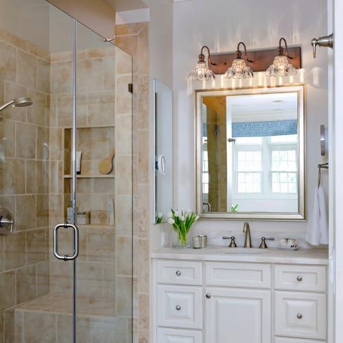Image of EDISLIVE Vintage Vanity Light for Bathroom ORB 3-Light Bath Wall Light Fixture with Clear Flower Glass Shades 26.38 inch E12 Antique Wall Sconce for Bedroom Hallway Living Room Vanity Mirror
