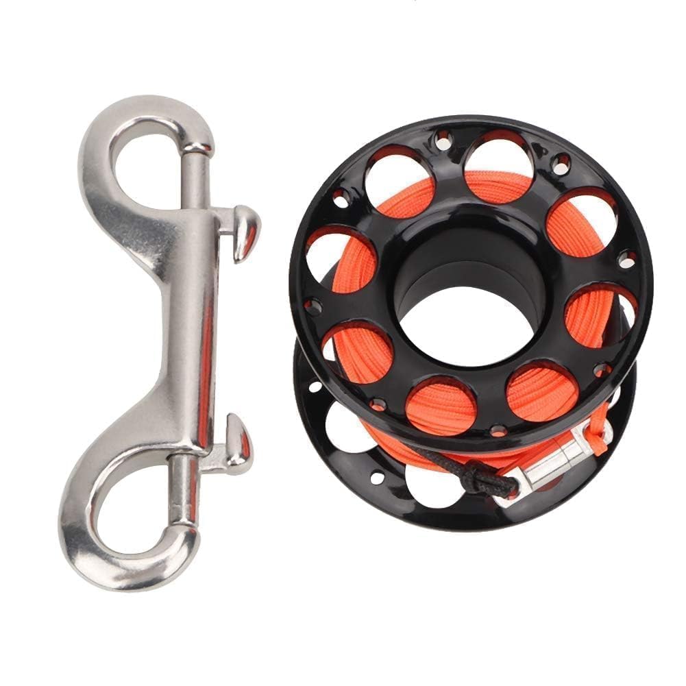 Finger Spool w/SS Bolt Snap, Tauch Fingerspule Scuba Diving Spool Reel Kunststoff Mini Tauchspule mit Doppelkarabiner Spule, Technische Finger Spool komplett mit Tauchschnur und Karabinerhaken 15 M