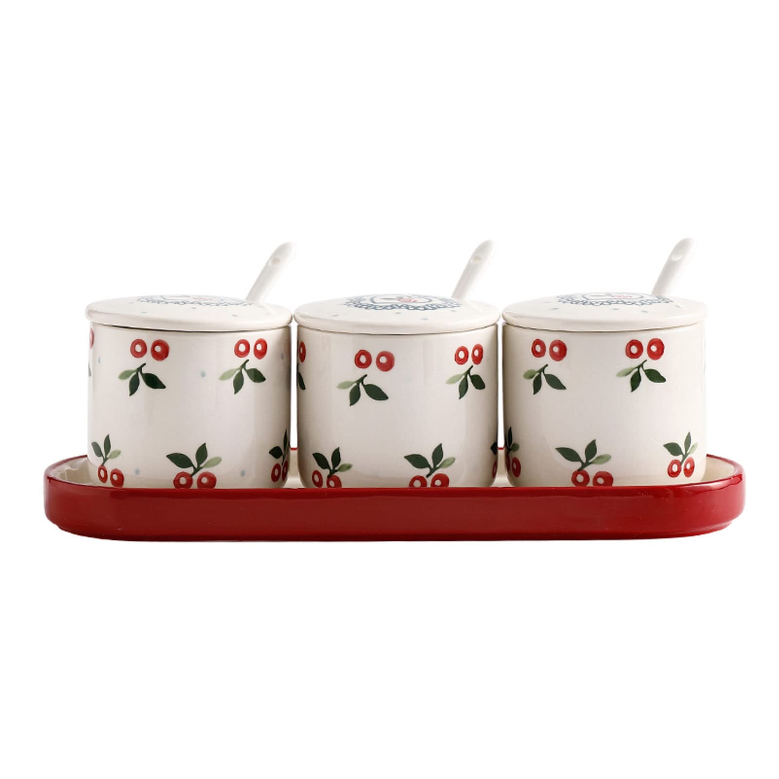 EPASHA zuccheriera, zuccheriera Nordic con Coperchio, Set barattoli portaoggetti con Motivo Ciliegia, zuccheriera in Porcellana Tinta Unita, saliera, for Bar, Ristorante-Cherry-3 Set