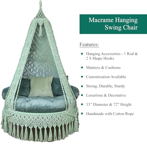 Image of KAAHIRA Bohemian Macrame Hanging Swing Chair- Aesthetic Cotton Rope Hammock for Indoor & Outdoor - Patio, Balcony, Bedroom, Living Room, Garden-Kids, Adults & Pets - Boho Decor (Olive Green)