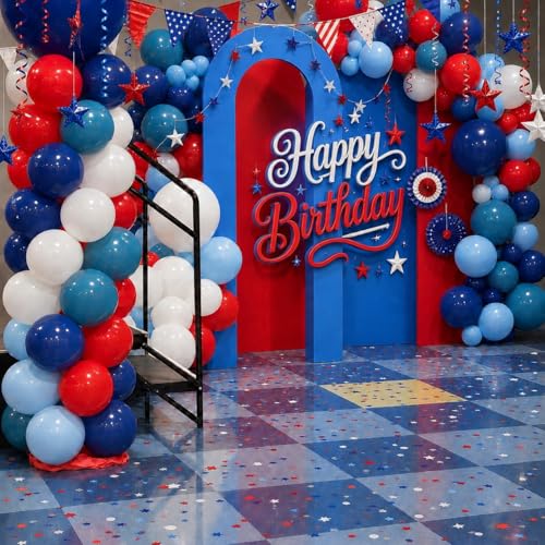 Image of Red Blue White Balloons, 12Inch 60Pcs Retro Navy Blue Matte Red and White Balloon, Royal Blue and Scarlet Latex Balloons for Boys Men Birthday Hero Theme Baseball Party Labor Independence Day Decor