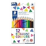 Caja de cartón con 12 lápices de color grandes, con mina de 4 mm de ancho y una longitud de 175 mm; incluye un sacapuntas de color azul