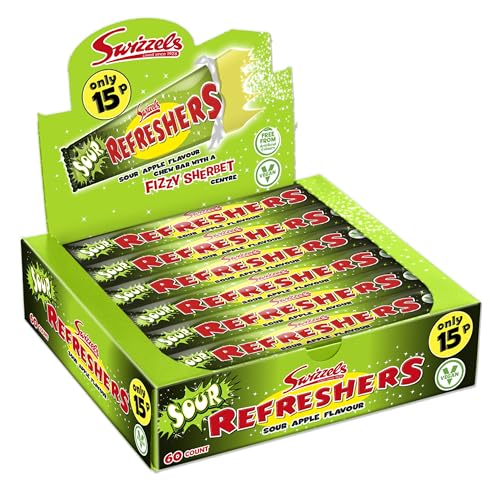 Swizzels Refreshers Sour Apple Chew Bars 60 Pack Fizzy Sherbet Centre Retro Sweets Individually Wrapped PMP Candy Bars