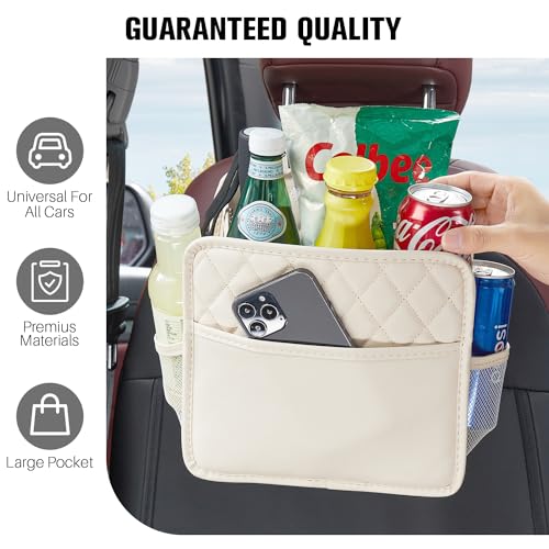 Image of LXUNYI Back Seat Car Organizer, Large Car Seat Organizer with Cup Holders Multifunctional Over the Car Seat Organizer Backseat Hanging Leather Car Seat Organizers and Storage Bags(Beige 1Pack)