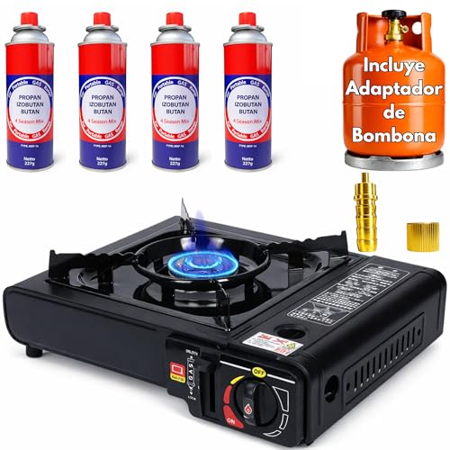 Camping Gas Portatil, Adaptador de Bombona, Hornillo + 4 Cartuchos, Hornillo Camping Gas Portátil, Cocina, Infernillo, Fogareiro (Horno+Adaptador bombona+4Botellas) (Hornillo+4Recambios)