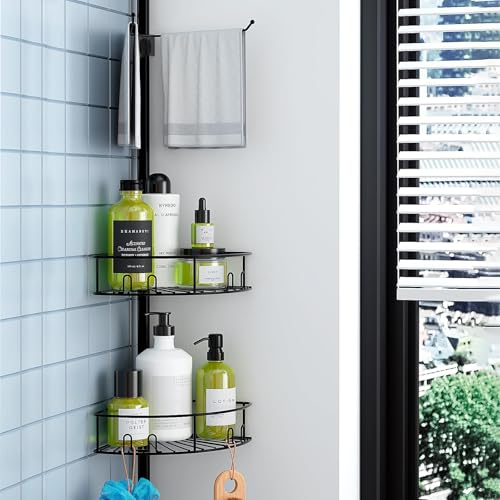 Mutool 5 Tier Adjustable Corner Shower Shelf, Telescopic Shower Caddy with Towel rack, No Drilling Bathroom Storage Organizer for Shampoo Accessories, Black - Image 5