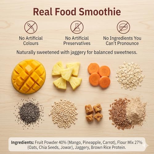 Image of Crevea Mango Smoothie Mix: 7-8 Serves | Natural Fruit Powder, Oats, Chia Seeds | Added Protein & Fiber | No Preservatives | No Refined Sugar - Healthy Drink | Instant Smoothie Maker - 210g