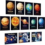 Outus 12 Pieces Solar System Educational Teaching Posters Laminated Kids Space and Planets Posters Print WallChart Art for Toddlers Classroom Bedroom 10.6 x 14.1 Inch