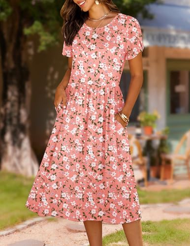 Image of HOTOUCH Women's Summer A-Line Midi Dresses 2026 Casual Floral Short Sleeve T-Shirt Dress Flowy Beach Sundress with Pockets
