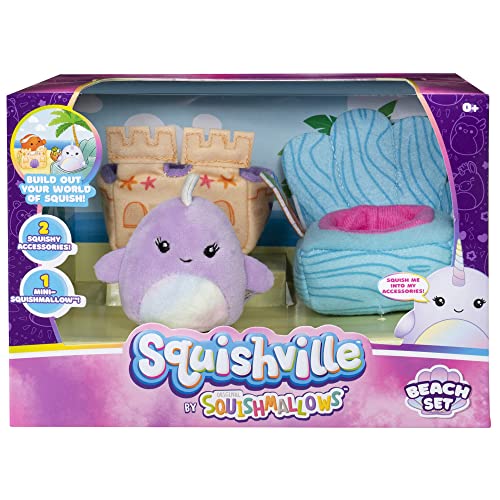 Squishville Mini-Squishmallows Plush Beach Accessory Set - Includes 2-Inch One Sand Castle , One Beach Chair - Irresistibly Soft, Colorful