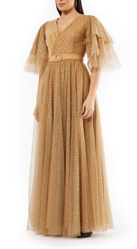 AmriWomen's Glitter Dot Tulle Maxi Dress – Wrap Gown with Butterfly Sleeves & Crystal Belt | Evening Dress