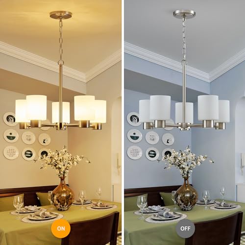 Image of WUZUPS 5-Light Pendant Chandelier Light Frosted White Glass Shade with Grain Ceiling Lighting Elegant Modern Fixture Bathroom Kitchen Dining Room Entry Foyer, H 15.8 inch W21, E12 Base, Brushed Nickel