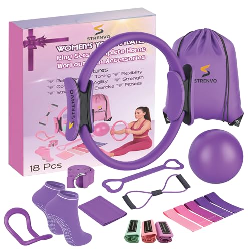 Strenvo Yoga Pilates Ring Set for Home Workouts – 18 Pcs Fitness Kit for Women – Resistance & Toning Accessories with Circle Ring, Ideal for Full Body Toning & Flexibility (Purple)