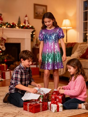Image of WELAKEN Girls Ombre Sequin Dress Sparkly Fancy Short Puff Sleeves Gradient Party Dress