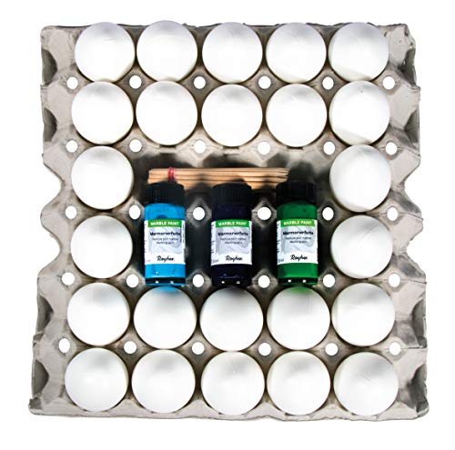 Rayher 35026000 Marmoriefarbe, Marble Set mit Marmorierfarben, Kunststoffeiern und Spießen, 3 Farbtöne, einfach und schnell entstehen marmorierte Ostereier, Tauchmarmorieren