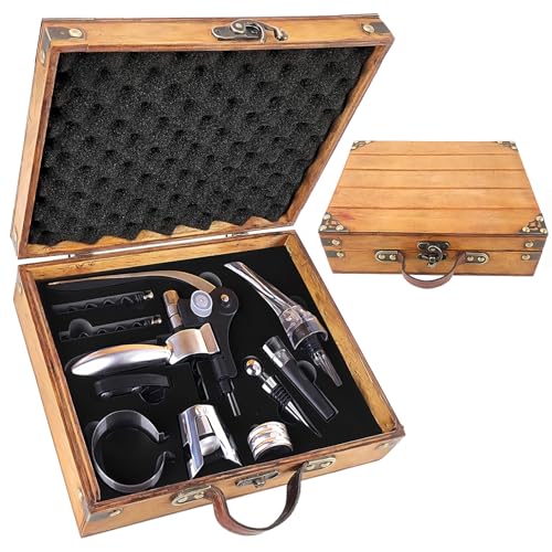 Set di cavatappi da Vino con Scatola in Legno Antico, Set da Sommelier con cavatappi, Set di Accessori da Vino, Set di cavatappi con Testa di Coniglio, Anelli salvagoccia (Yuan Wood2)