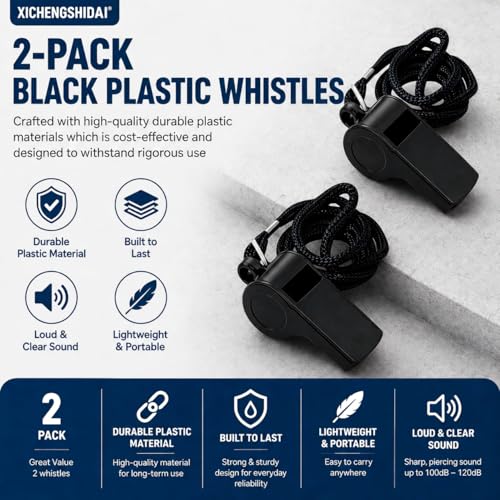 2 silbatos deportivos de plástico con cuerda negro miniatura 2