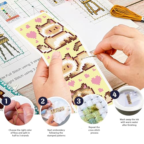 Image of FREEBLOSS 6 Set Cross Stitch Bookmark Kit 11 CT Stamped Cross Stitch Kit DIY Embroidery Bookmark Kits for Adult Beginners with Instructions, Little Cartoon Cat, 6 x 20 cm /8 inch x 2.4 inch