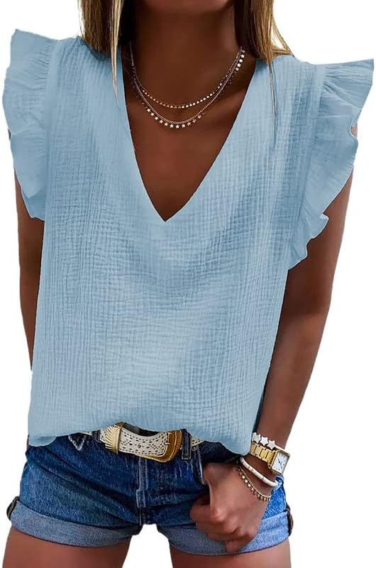 Dokotoo Womens 2023 Cute V Neck Ruffle Sleeveless Shirts Elegant Tank Tops Blouses