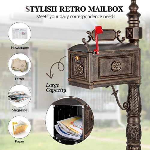 Heavy Duty Mailbox Classic Decorative Cast Aluminum Mail Box Postal Vertical Pedestal (Bronze)