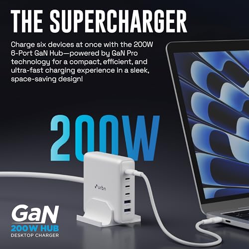 Image of URBN 200W GaN Power Hub | 6-Port Desktop Charger (4 USB-C + 2 USB-A) | QC, PD & PPS Compatible | Super Fast Charging 2.0 | 12-Layer Protection | 1.5M Power Cord for Laptop, iPhone, Samsung, MacBook