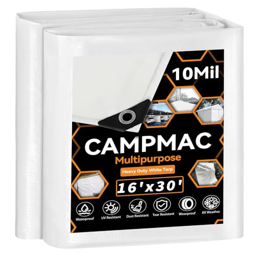 CAMPMAC White Heavy Dut Waterproof Tarp 16 x 30 10 Mil Thick High Durability Rip and Tear Resistant with Metal Grommets Every 20 Inches