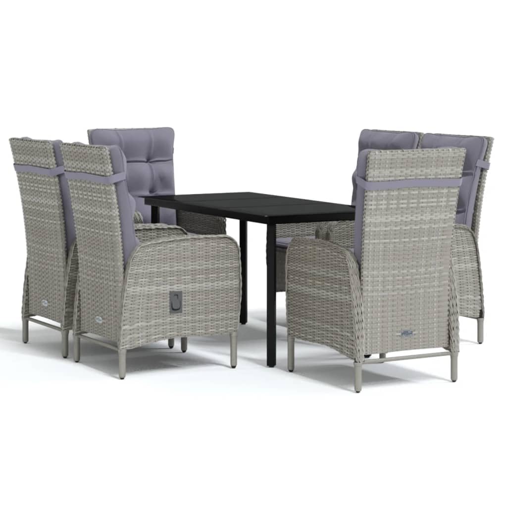 Juego de comedor de jardín con cojines de 7 piezas, marco de acero, ratán sintético, tapa de cristal, color gris y negro, soporta hasta 110 kg por asiento