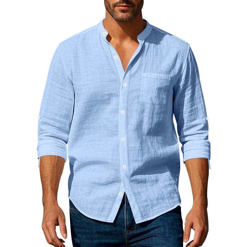 Chemise d'été fine homme grande taille lin léger col mao boutons