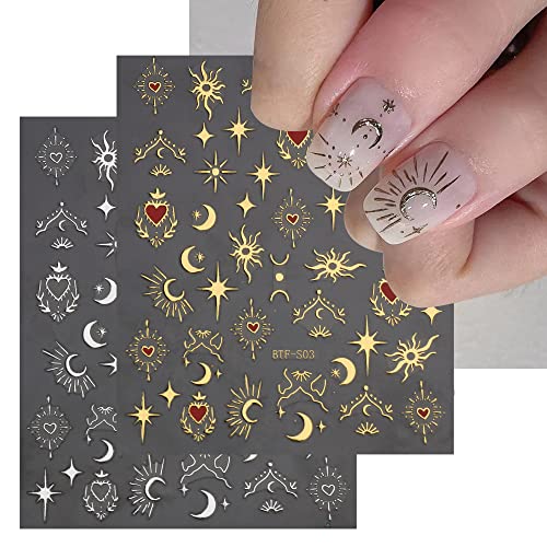 3 Sheets Nail Art Stickers Decals Gold Sun Moon Star Stripe Line Nail Decals Self-Adhesive Heart Nail Art Supplies For Nail Diy Decoration 3D Adhesive Nail Accessories For Women French Nail Design #TOP22
