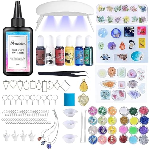 Frenshion Traje de resina ultravioleta con lámpara de 100g, traje de fabricación de joyas de resina 141pcs, pigmentos de color, accesorios de resina, traje de entrada de resina ultravioleta