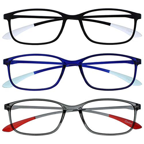 OPULIZE Ice Gafas de Lectura Pack de 3 Diseño Elegante Negro Azul Gris Lentes Resistentes a Arañazos Montura Ultra Ligera para Usar sin Fatiga por Largos Periodos Unisex Hombre Mujer RRR61-137 +2.00